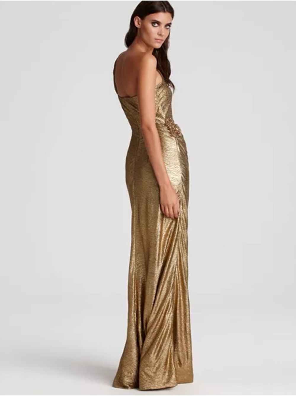 David Meister One-Shoulder Shimmering Gold Evening Gown - Picture 3 of 12